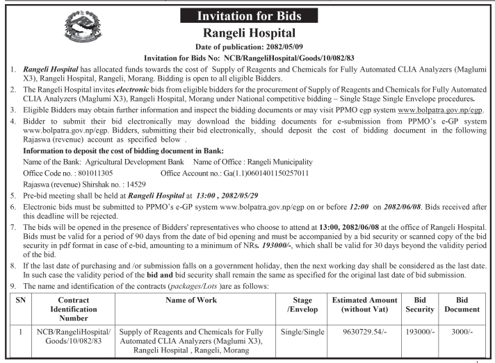 Invitation For Bids For Supply Of Reagents And Chemicals For Fully Automated Clia Analyzer