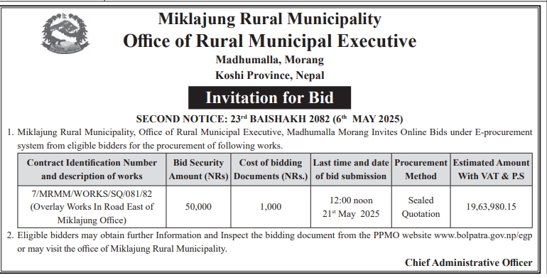 Invitation for Bid for Overlay Works in Road East of Miklajung Office