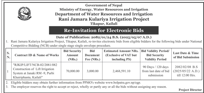 Re-Invitation for Electronic Bids for Construction of Lift Irrigation System