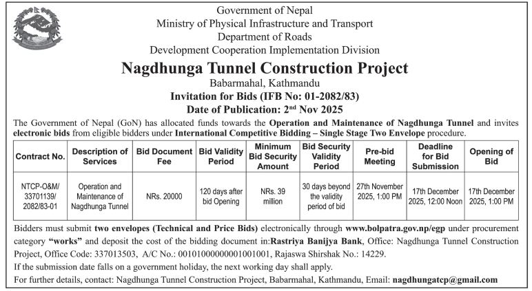 Invitation For Bids For Operation And Maintenance Of Nagdhunga Tunnel
