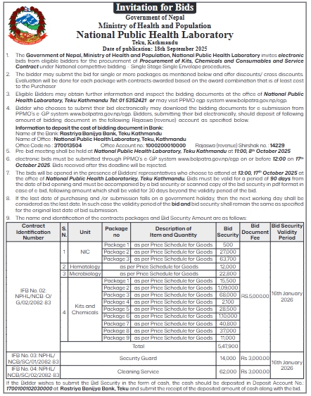 Invitation For Bids For Procurement Of Kits, Chemicals, Consumables, And Service Contracts