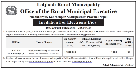 Invitation For Electronic Bids Laljhadi Rural Municipality Supply And Works Tender