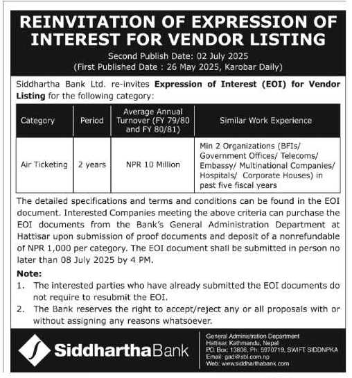 Reinvitation For Expression Of Interest (EOI) For  Vendor Listing For Air Ticketing Services