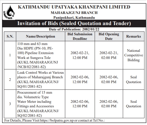 Invitation of Bids for Procurement of 110mm and 63mm dia HDPE Pipeline Extension and Leak Control Works