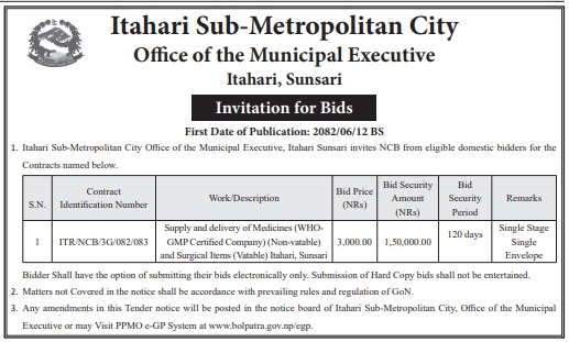 Invitation For Bids For Supply And Delivery Of Medicines And Surgical Items