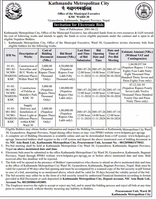 Invitation for Electronic Bids for Various Construction Works