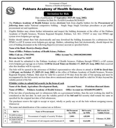 Invitation For Bid For Procurement At Pokhara Academy Of Health Sciences