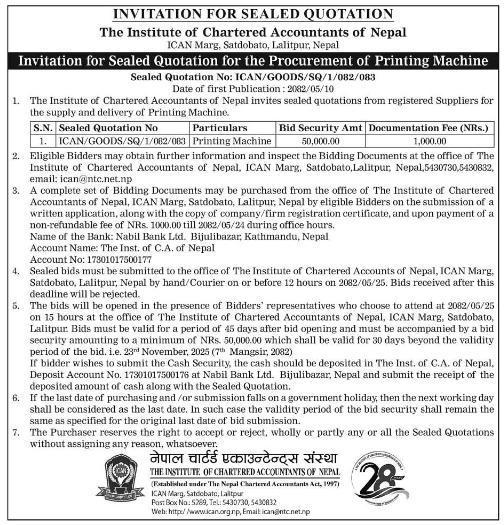 Invitation For Sealed Quotation For Procurement Of Printing Machine