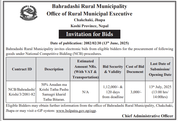Invitation For Bids For Agricultural And Livestock Materials