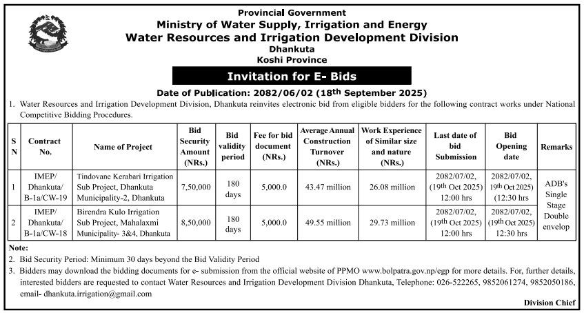 Invitation For Bid For Tindovane Kerabari And Birendra Kulo Irrigation Sub Projects, Dhankuta