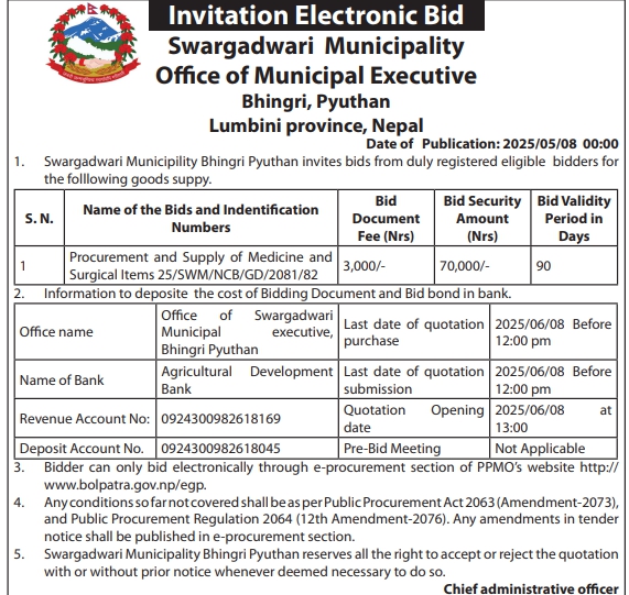 Invitation Electronic Bid for Procurement and Supply of Medicine and Surgical Items