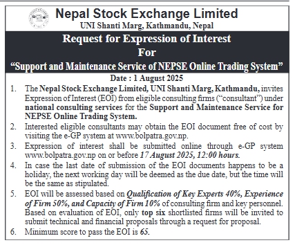 Request For Expression Of Interest For Support And Maintenance Service Of Nepse Online Trading System