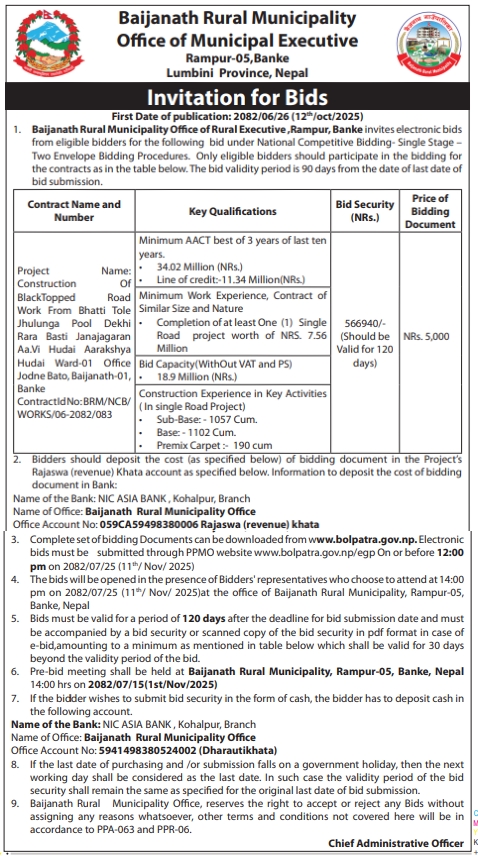 Invitation For Bids For Construction Of Blacktopped Road From Bhatti Tole Jhulunga Pool To Rara Basti Janajagaran