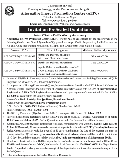 Invitation For Sealed Quotations For Supply And Delivery Of Laptops, Printers, Furniture, And Other