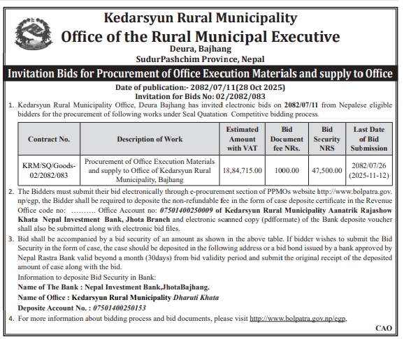 Invitation For Bids For Procurement Of Office Execution Materials For Kedarsyun Rural Municipality, Bajhang