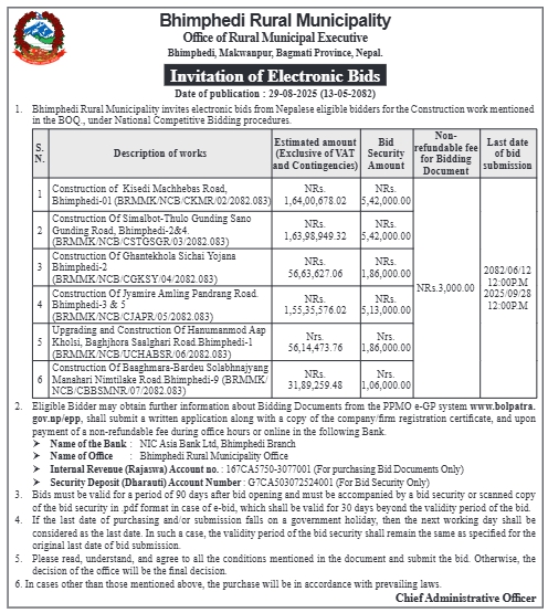 Invitation For Electronic Bids For Construction Works At Bhimphedi Rural Municipality