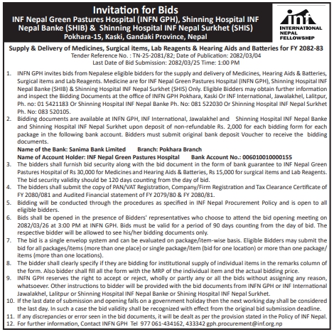Invitation For Bids For Supply And Delivery Of Medical Items For Fy 2082/83, Inf Nepal Hospitals