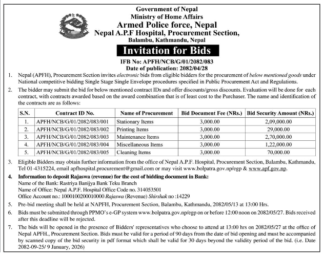 Invitation For Bids For Procurement Of Stationary, Printing, Maintenance, Miscellaneous, And Cleaning Items