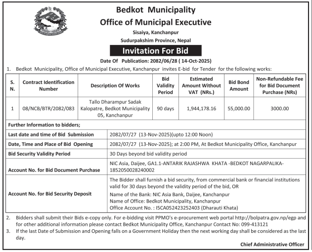 Invitation For Bid For Construction Of Tallo Dharampur Sadak By Bedkot Municipality