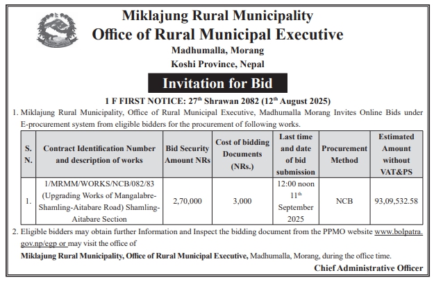 Invitation For Bids Miklajung Rural Municipality Road Upgrading Works