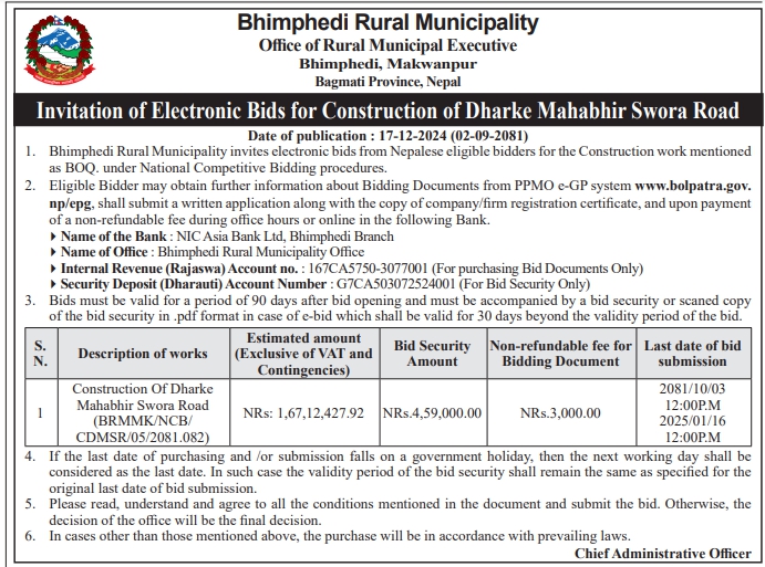 Invitation of Electronic Bids for Construction of Dharke Mahabhir Swora Road