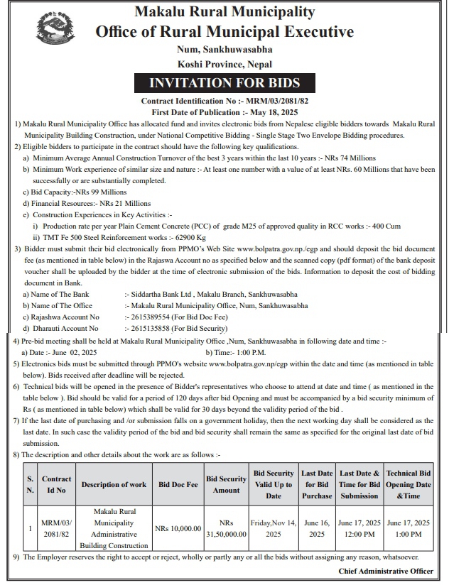 Invitation For Bids for Makalu Rural Municipality Building Construction