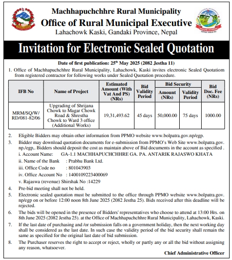 Invitation For Electronic Sealed Quotation For Upgrading Of Shrijana Chowk To Magar Chowk Road & Shrestha Chowk