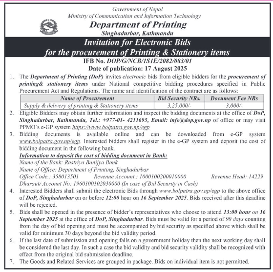 Invitation For Electronic Bids For Supply & Delivery Of Printing & Stationery Items