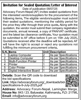 Invitation For Sealed Quotation For It Equipment Procurement