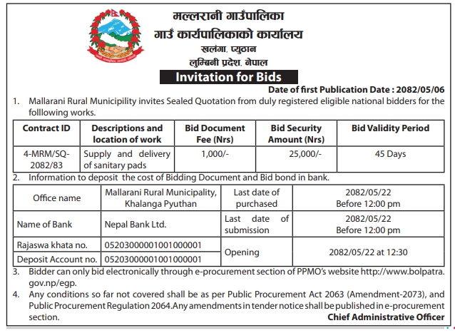 Invitation For Bids For Mallarani Rural Municipality