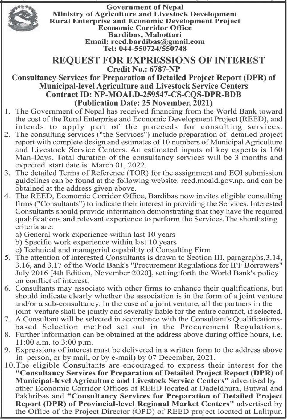 Consultancy Services for Preparation of Detailed Project Report (DPR) of Municipal-level Agriculture and Livestock Service Centers