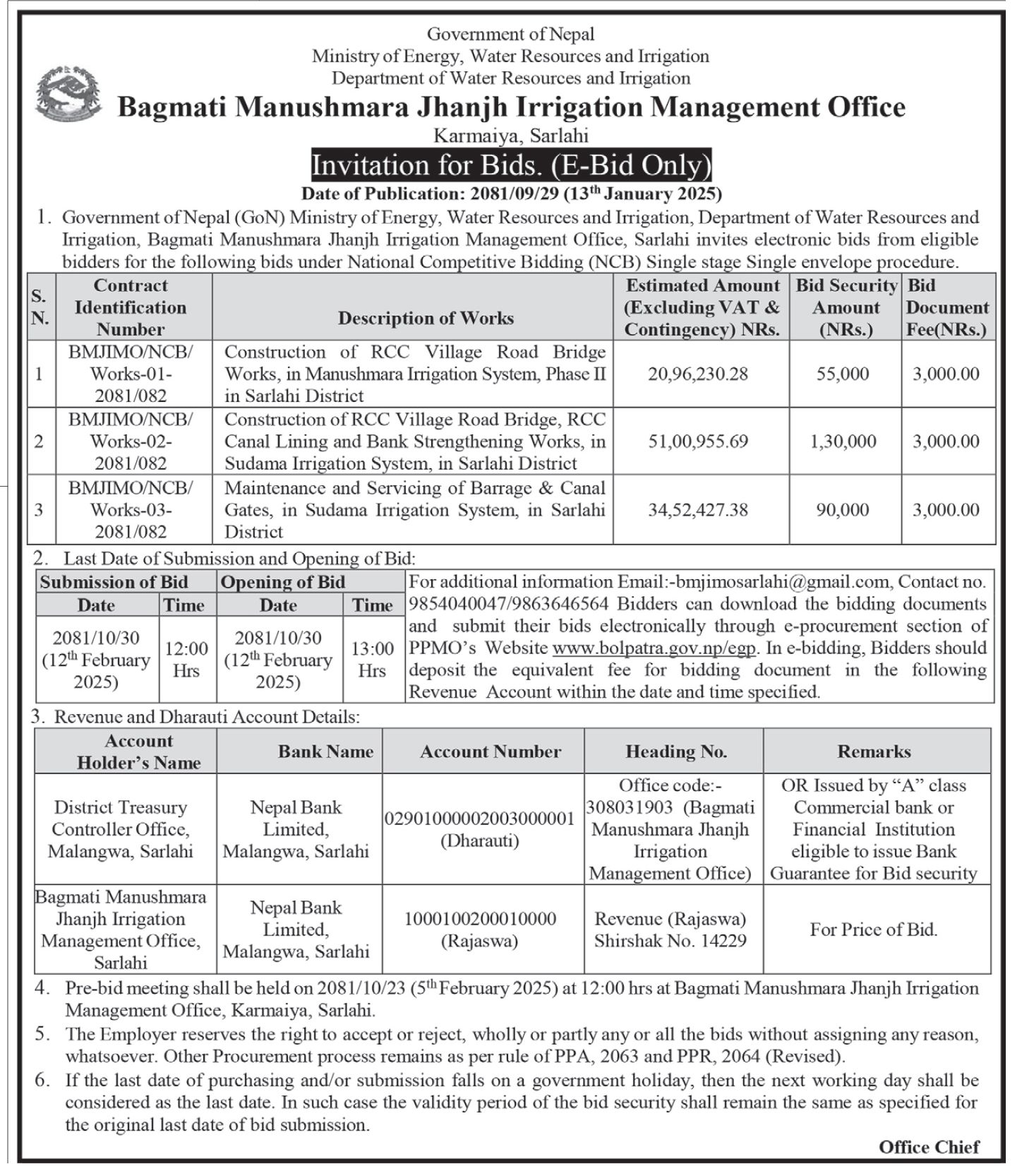 Invitation For E Bids For Construction Of RCC Village Road Bridge And