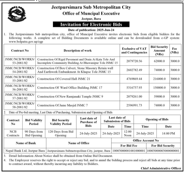 Invitation For Electronic Bids For Construction Works In Jeetpursimara Sub Metropolitan City