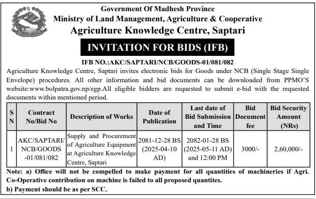 Invitation for Bids for Supply and Procurement of Agriculture Equipment
