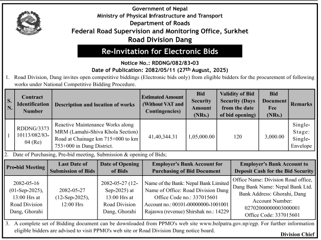 Re-invitation For Electronic Bids For Reactive Maintenance Works Along Lamahi-shiva Khola Section Of Mrm Road, Dang