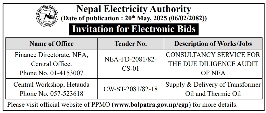 Invitation for Electronic Bids For Consultancy Service For The Due Diligence Audit Of NEA And Transformer Oil And Thermic Oil