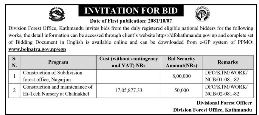 Invitation for Bids for Construction of Sub-division Forest Office and Construction and Maintenance of Hi-Tech Nursery