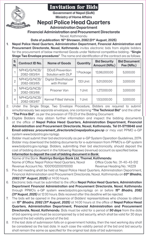 Invitation For Bids For Procurement Of Various Goods By Nepal Police Head Quarters