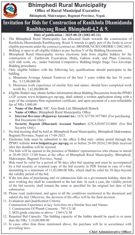 Invitation For Bids For Construction Of Ranikhola Dhamidanda Ranibhayang Road
