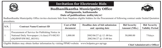 Invitation For Electronic Bids For Procurement Of Service For Publishing Notices In National Daily Newspaper (A Class) At Budhanilkantha Municipality