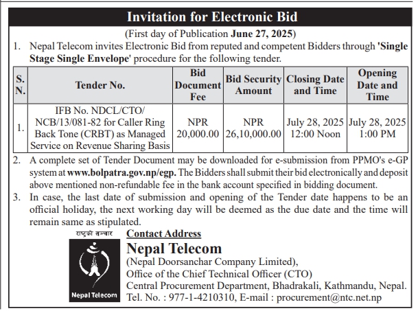 Invitation For Electronic Bid For  Caller Ring Back Tone (CRBT) Service