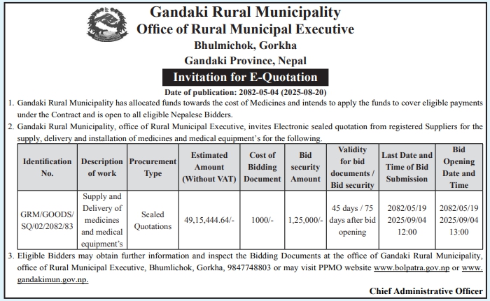 Invitation For E-quotation For Supply And Delivery Of Medicines And Medical Equipment