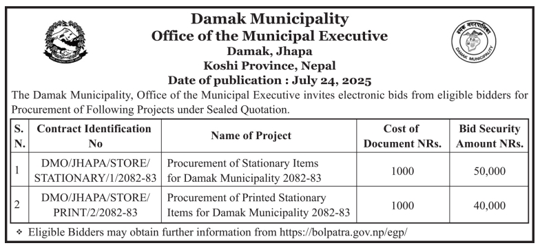 Invitation For Electronic Bids For Procurement Of Stationary Items