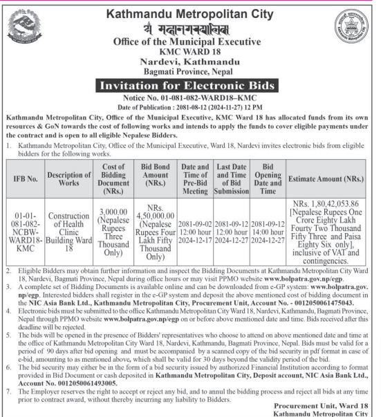 Invitation for Electronic Bids for Construction of Health Clinic Construction Building Ward