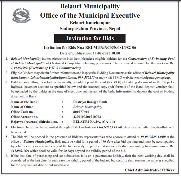 Invitation for Bids for the Construction of Swimming Pool