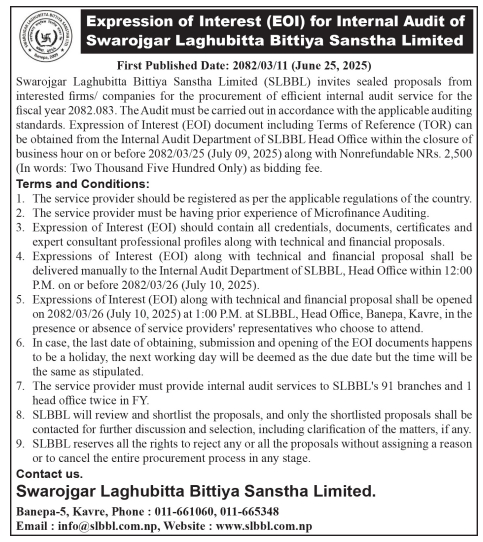 Expression Of Interest (Eoi) For Internal Audit Services For Fiscal Year 2082/083