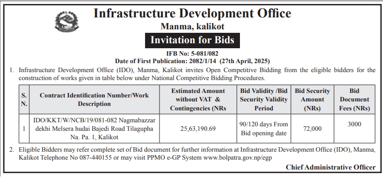 Invitation for Bids for Construction of Road in Kalikot