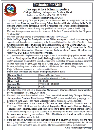 Invitation For Bids For The Construction Of Shree Satyavadi Secondary School Admin And Hostel Building