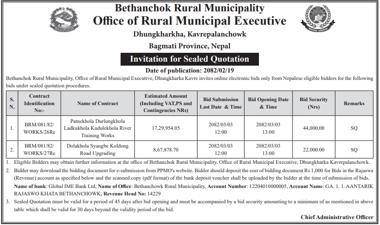 Invitation For Sealed Quotation For River Training And Road Upgrading Works