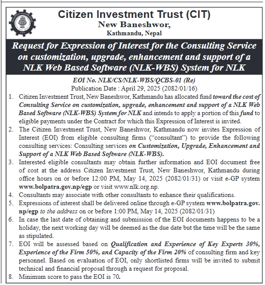 Request for Expression of Interest for the Consulting Service on Customization, Upgrade, Enhancement and Support of a NLK Web Based Software (NLK-WBS) System